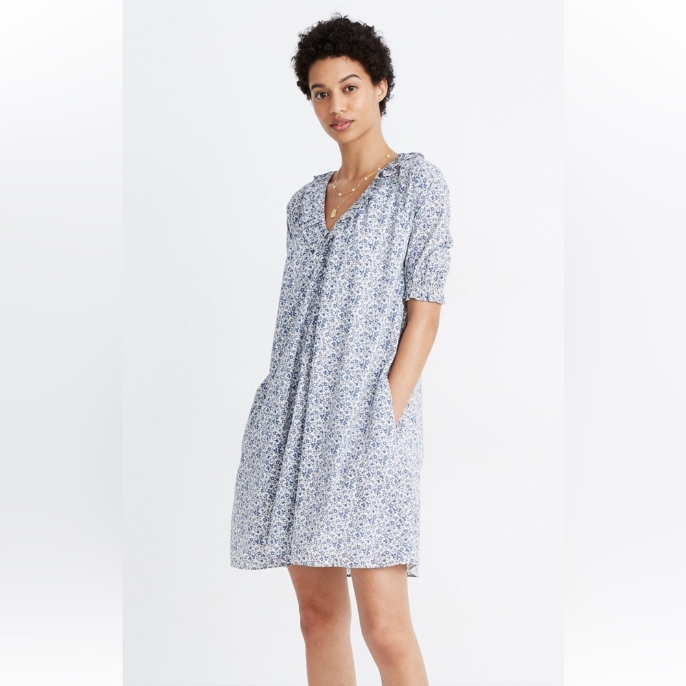 Madewell Ruffle Button-front Trapeze Dress in Americana Floral Blue Sz Large